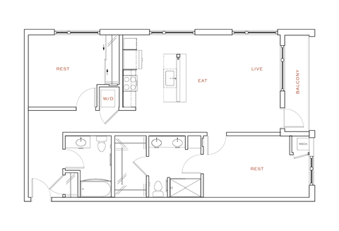 Floor plan for 2 beds, 2 baths, 1110 sqft
